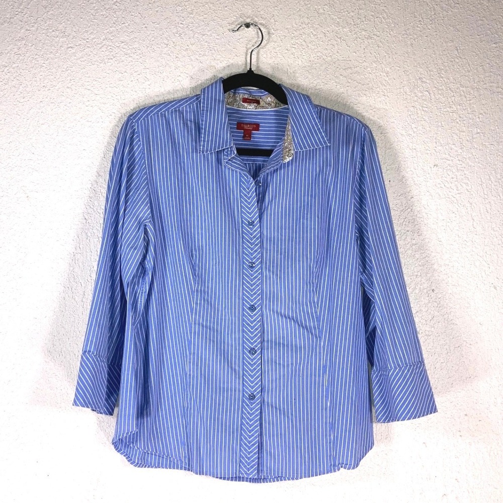 Talbots Haberdashery Blue White Striped Stretch Poplin Button Down Shirt Size 14